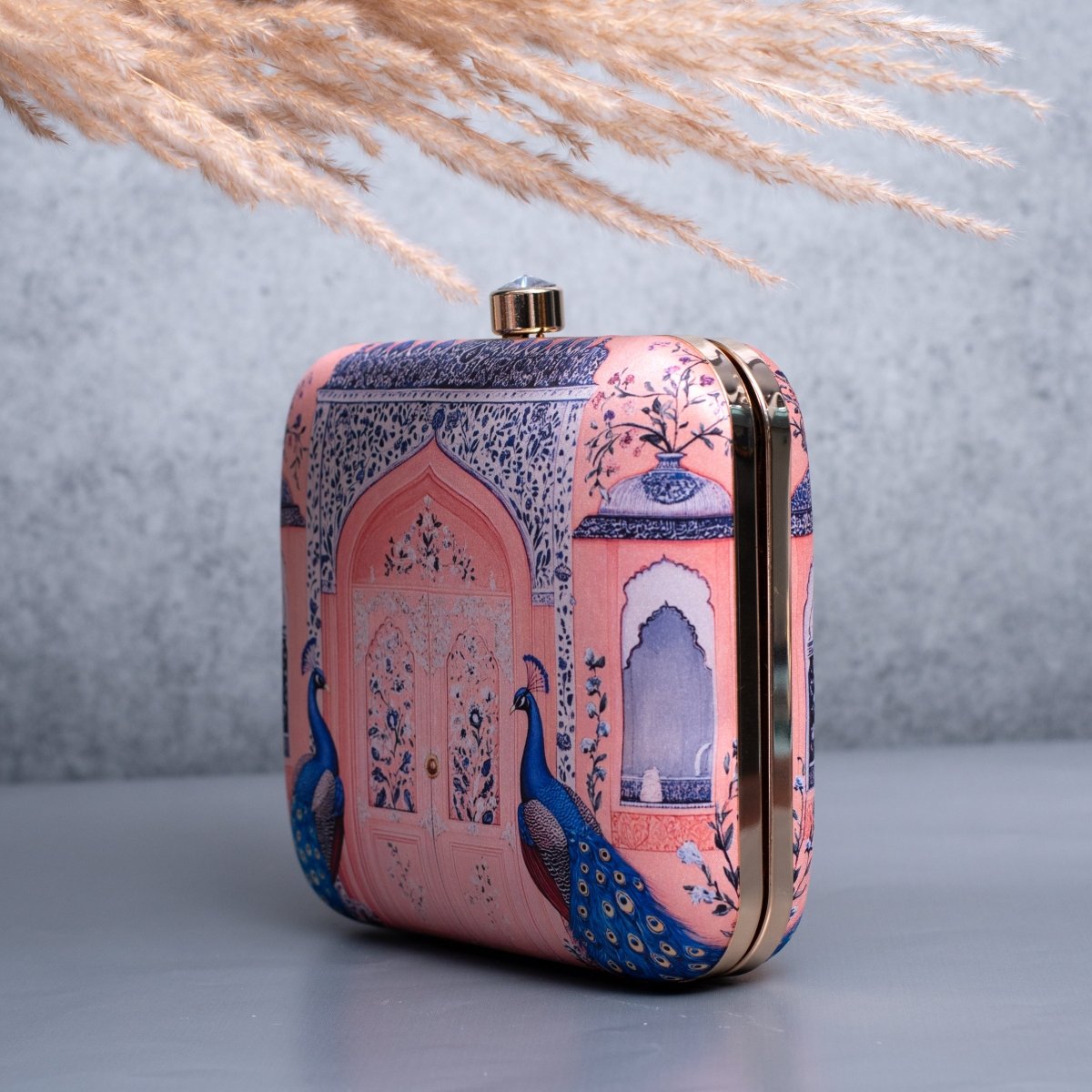 Artklim Light Pink Based Mughal Motif Printed Clutch