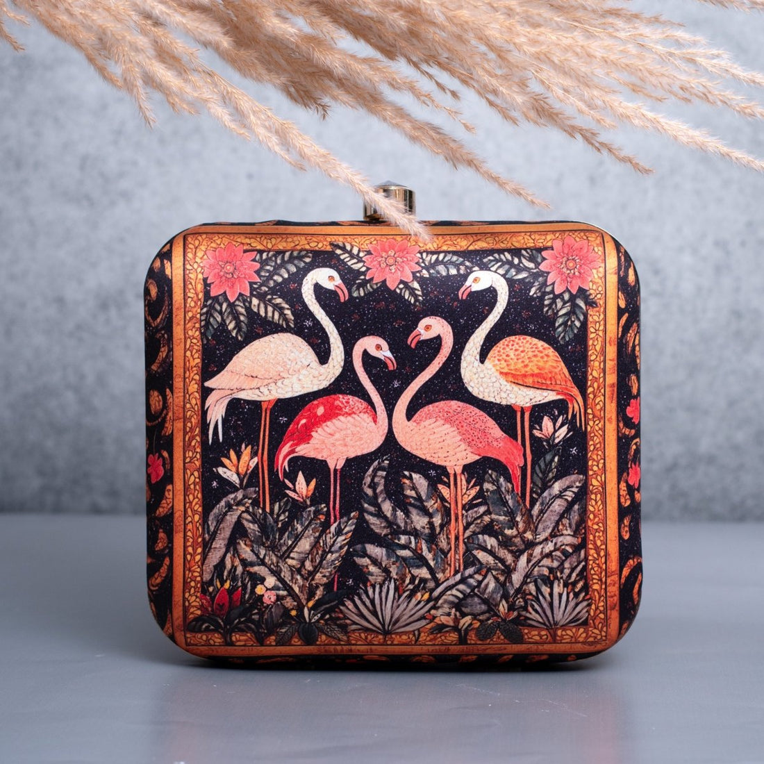 Artklim Black Based Flamingo Printed Clutch