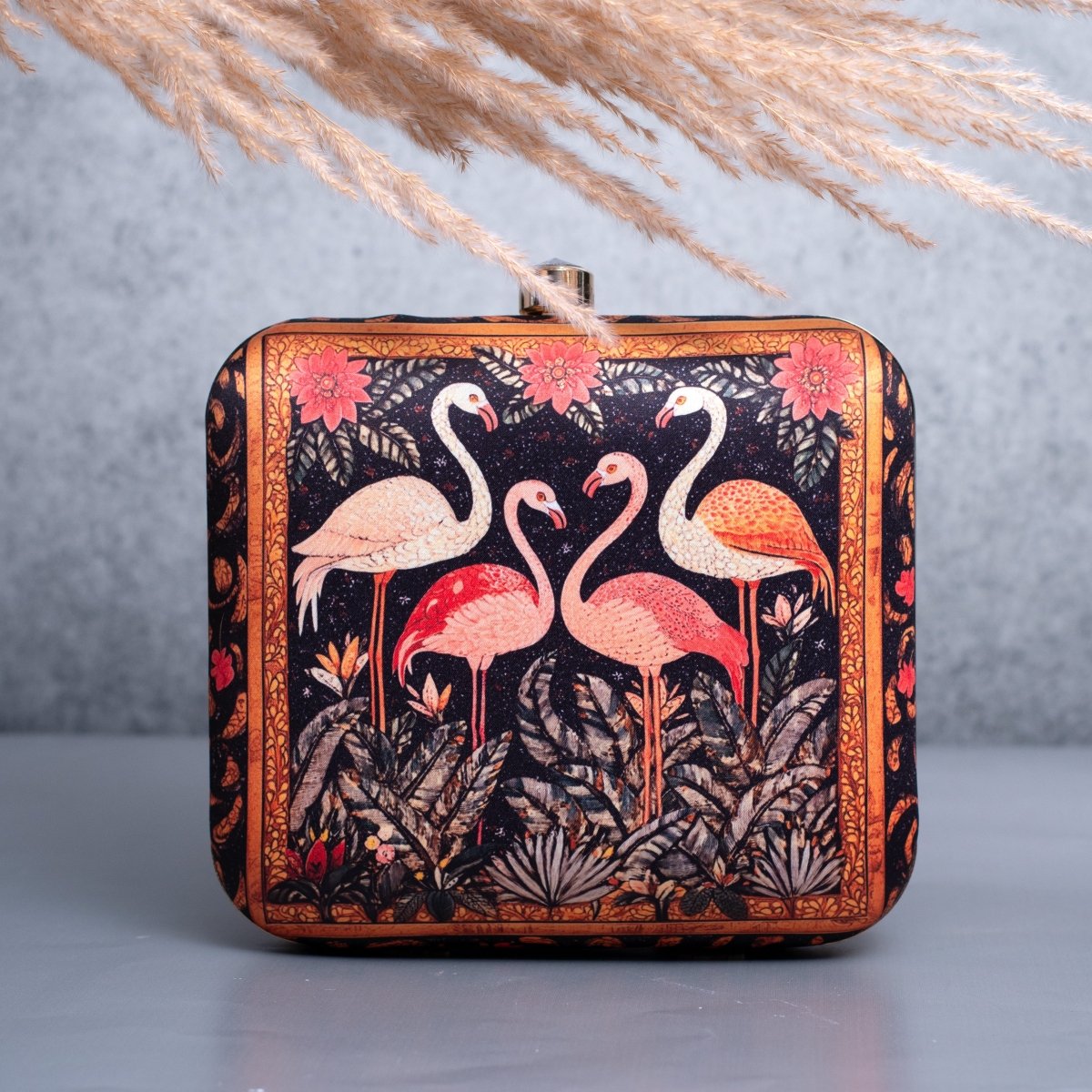 Artklim Black Based Flamingo Printed Clutch