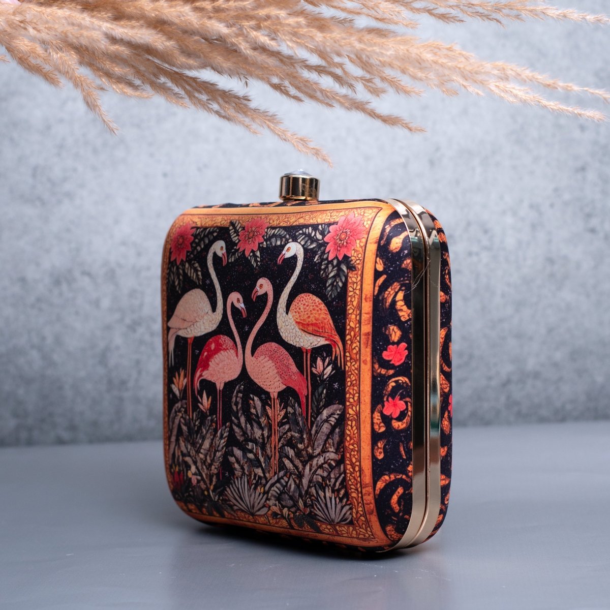 Artklim Black Based Flamingo Printed Clutch