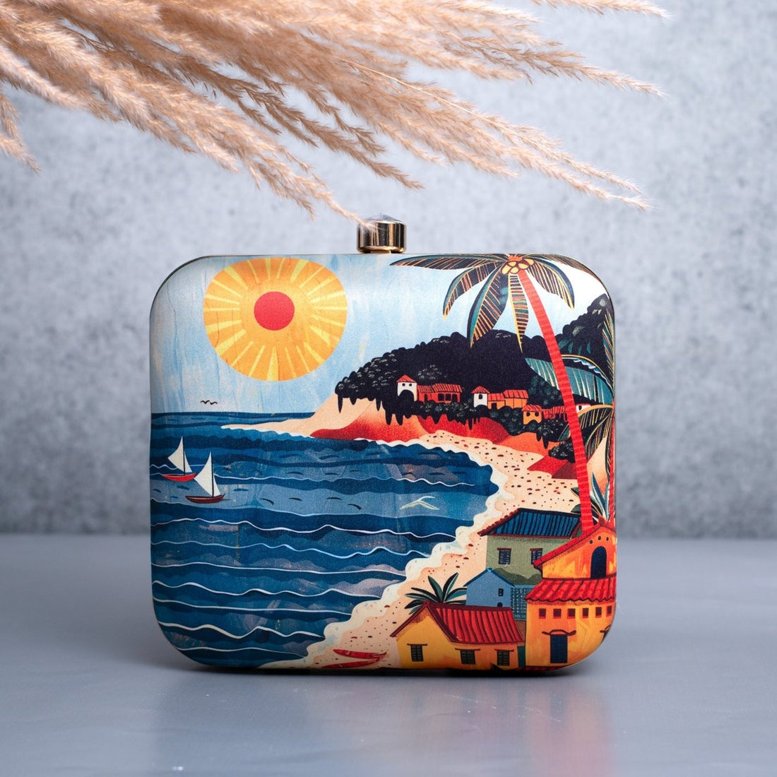 Artklim Blue Based Beach Scene Printed Clutch