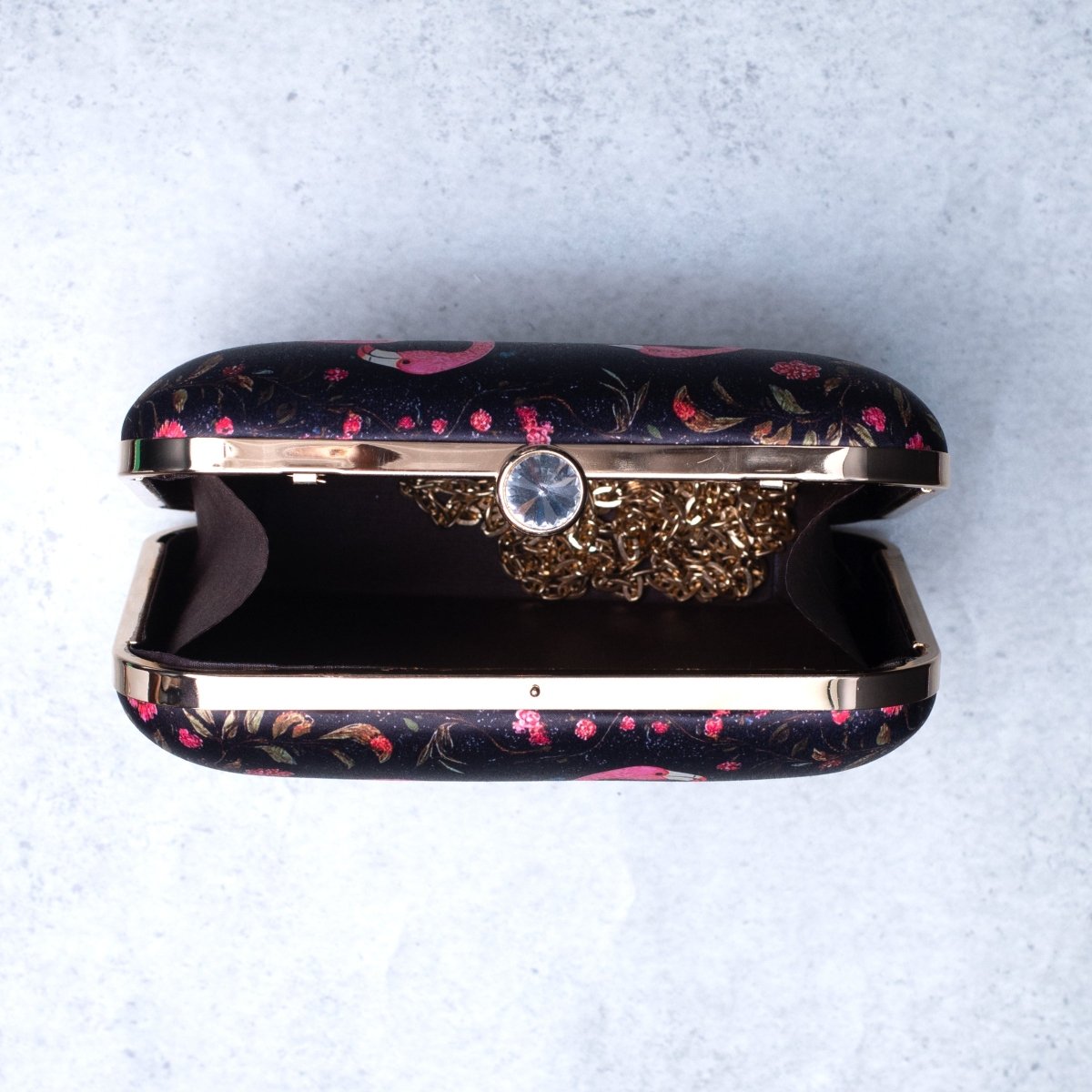 Artklim Black Based Pink Flamingo Printed Clutch
