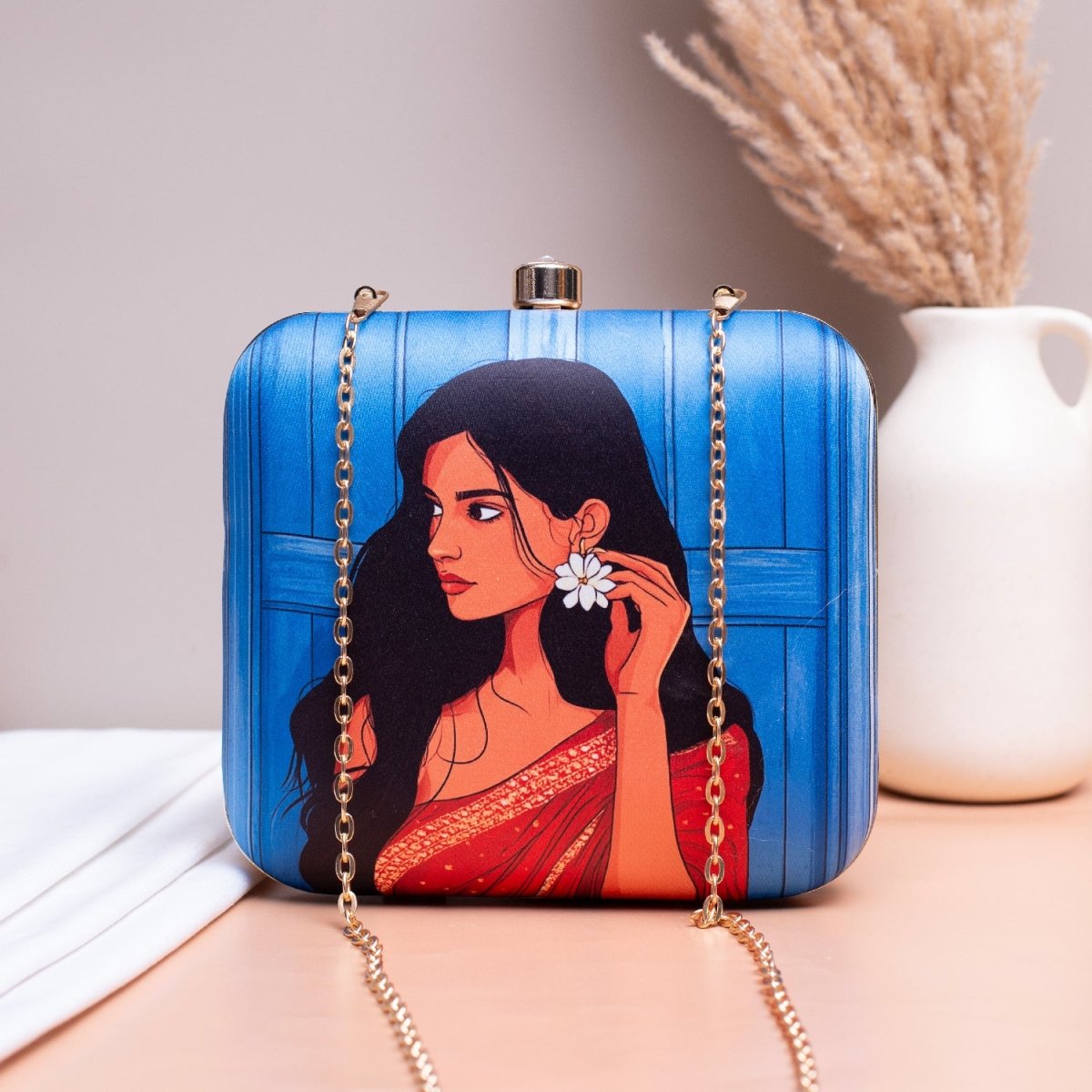 Artklim Blue Based Girl Portrait Printed Clutch
