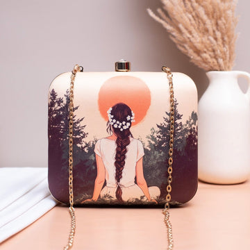 Artklim Beige Based Girl Portrait Printed Clutch