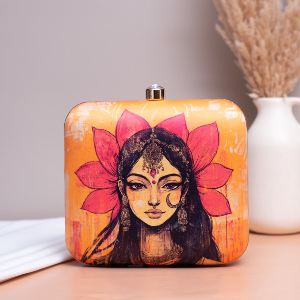 Artklim Yellow Based Indian Woman Printed Clutch