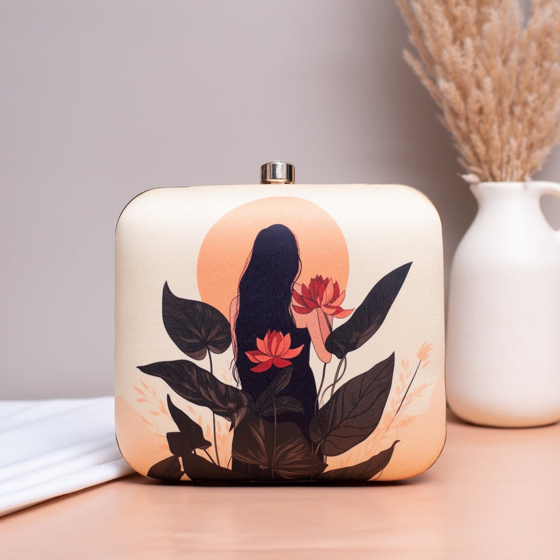 Artklim Girl With Lotus Flowers Printed Clutch