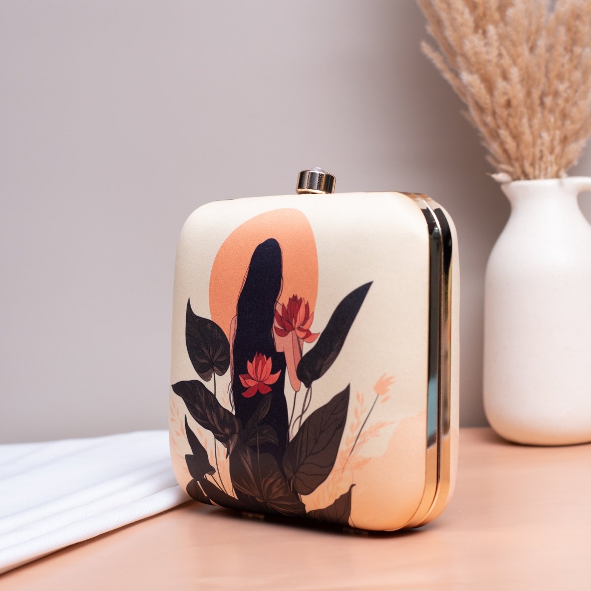 Artklim Girl With Lotus Flowers Printed Clutch