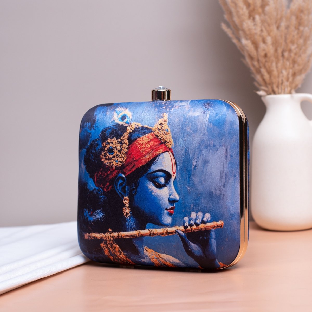 Artklim Blue Based Majestic Krishna Printed Clutch