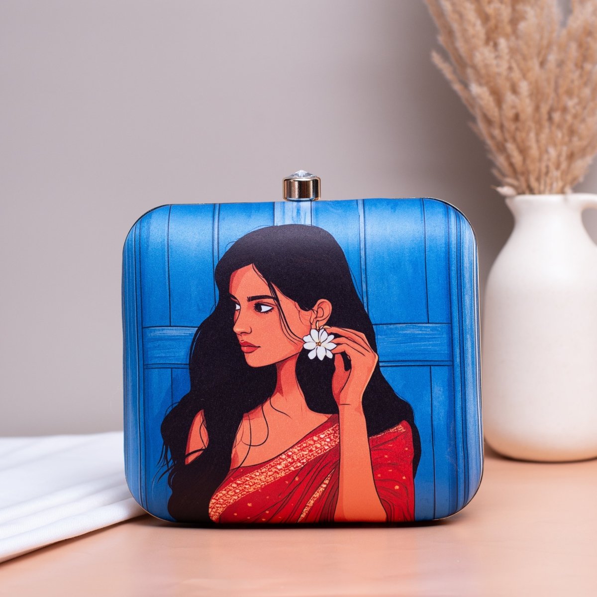 Artklim Blue Based Girl Portrait Printed Clutch