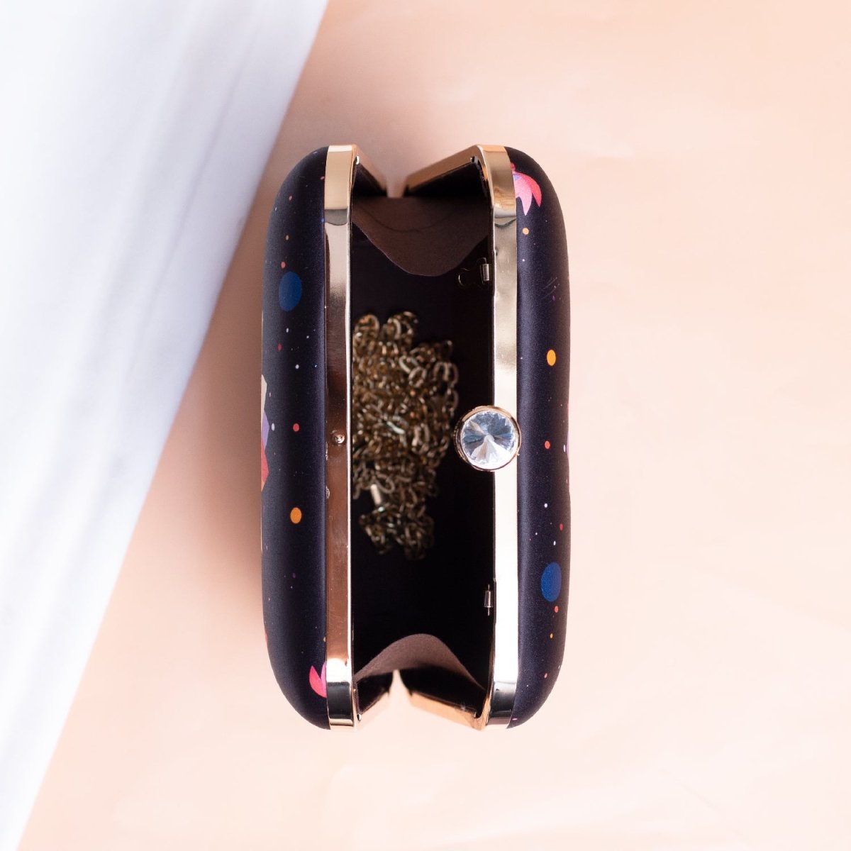 Artklim Black Based Multicolored Lotus Printed Clutch