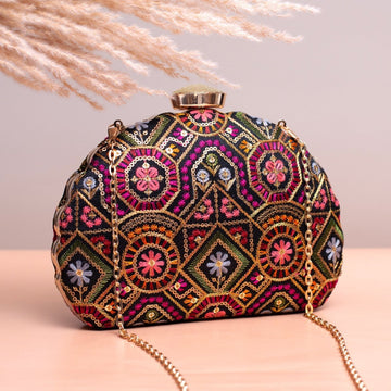 Artklim Black Based Pink Threadwork Embroidery Clutch