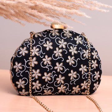 Artklim Black Based White Floral Embroidery Clutch
