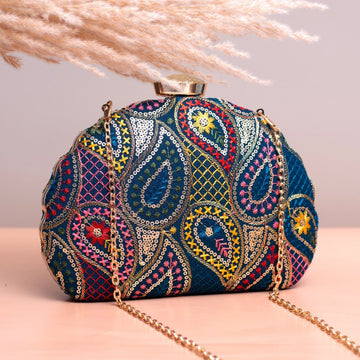 Artklim Blue Based Sequins Pattern Embroidery Clutch
