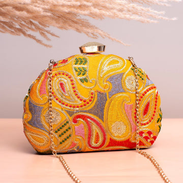 Artklim Yellow Based Multicolored Threadwork Embroidery Clutch