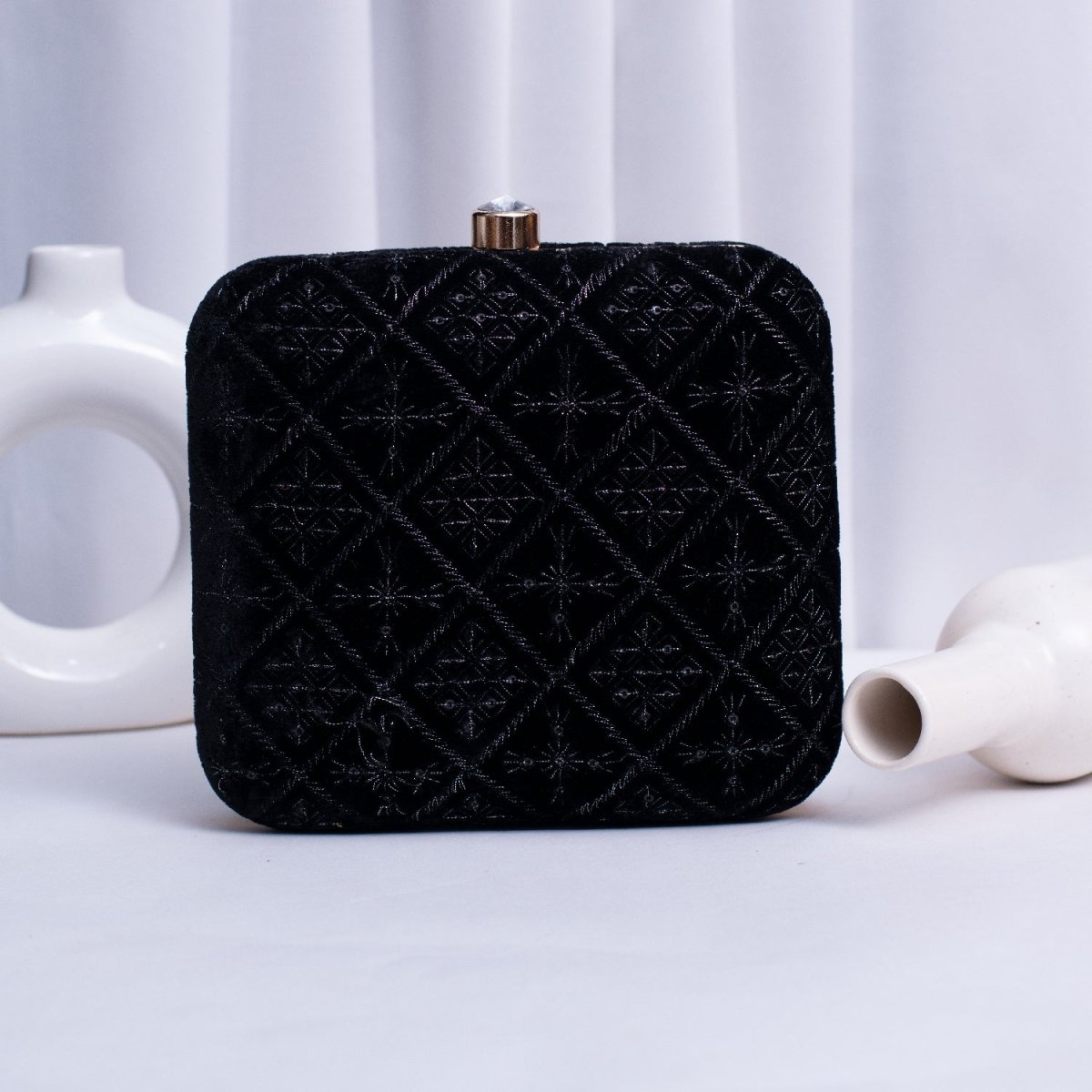 Artklim Black Based Thread Work Embroidery Clutch