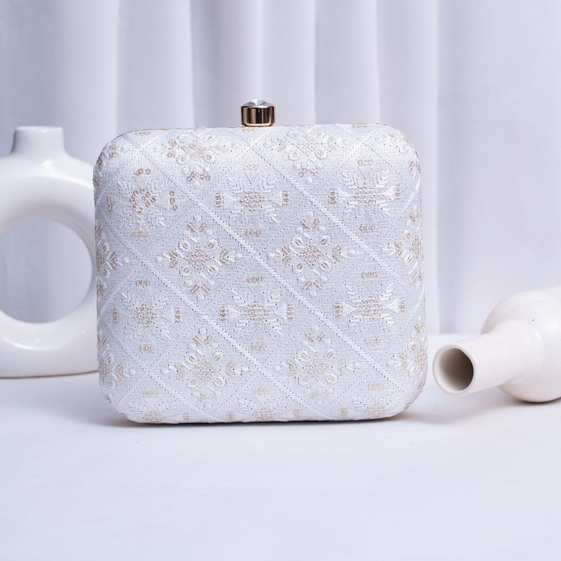 Artklim White Based Sequins And Threadwork Embroidery Clutch