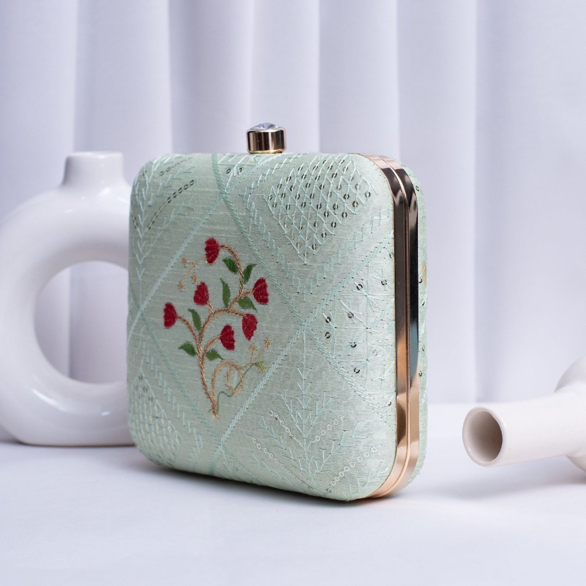 Artklim Pastel Green Based Threadwork Embroidery Clutch