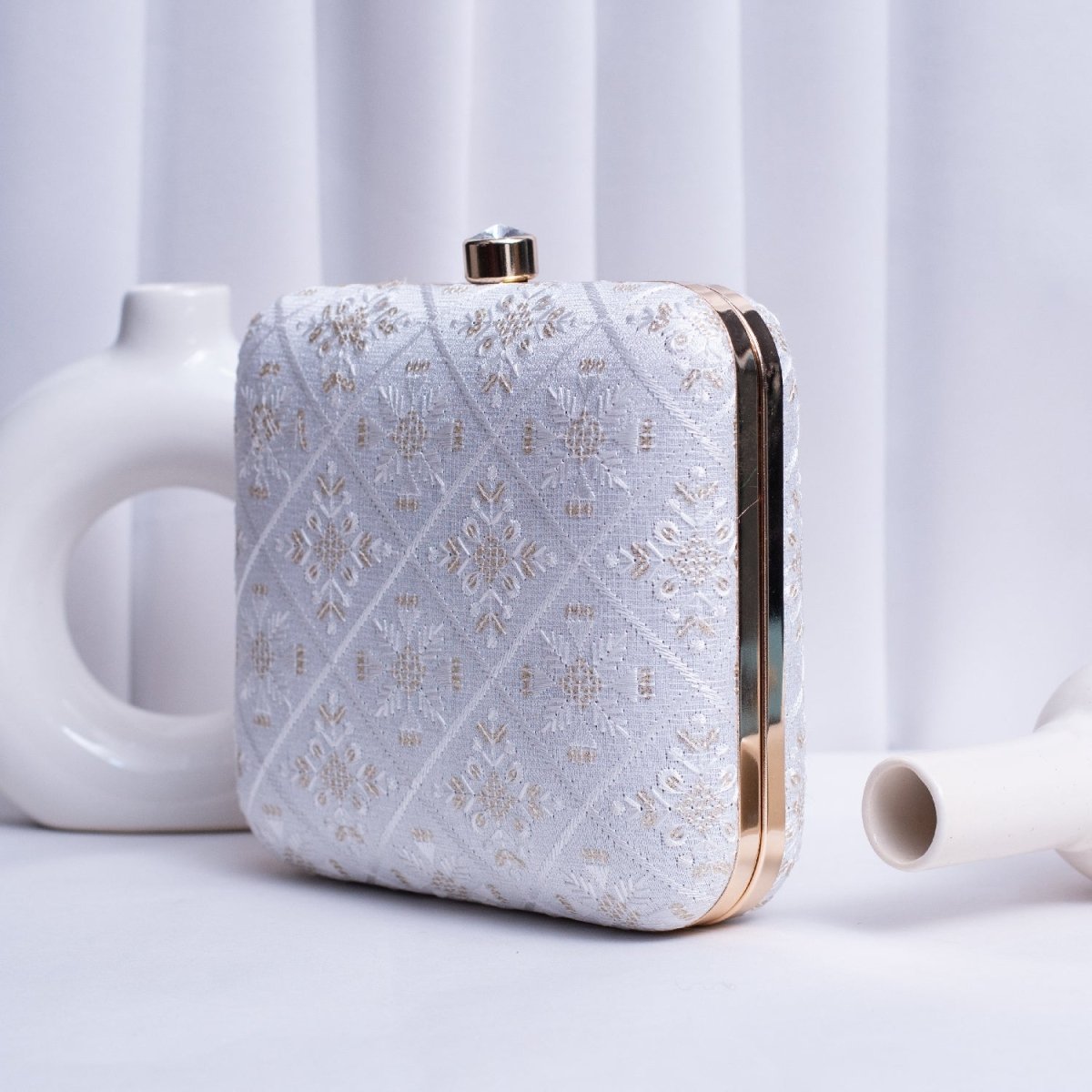 Artklim White Based Sequins And Threadwork Embroidery Clutch