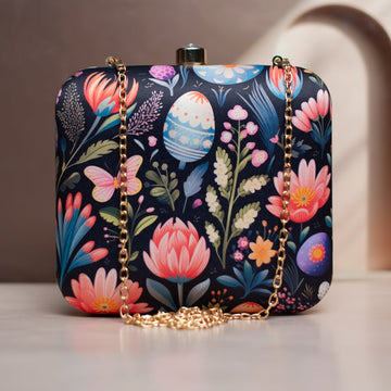 Black Based Floral Printed Clutch