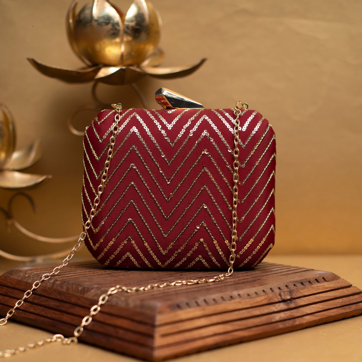 Maroon Sequins Zigzag Embroidery Clutch