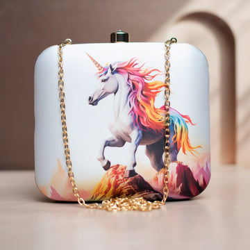 White Based Unicorn Printed Clutch