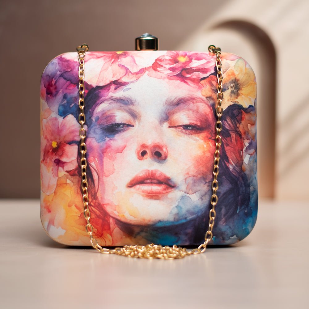 Multicoloured Women Portrait Printed Clutch