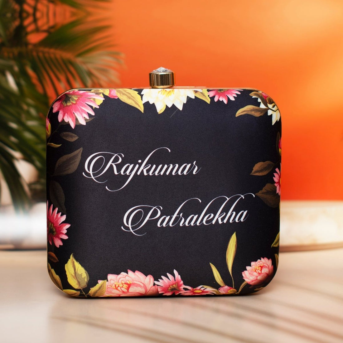 Artklim Black  Based Floral Printed Customized Clutch
