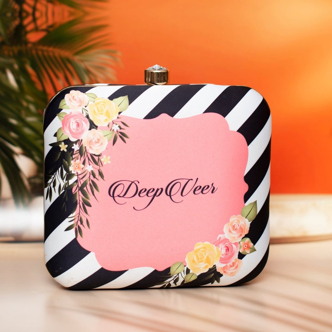 Artklim White And Black Based Floral Printed Customized clutch