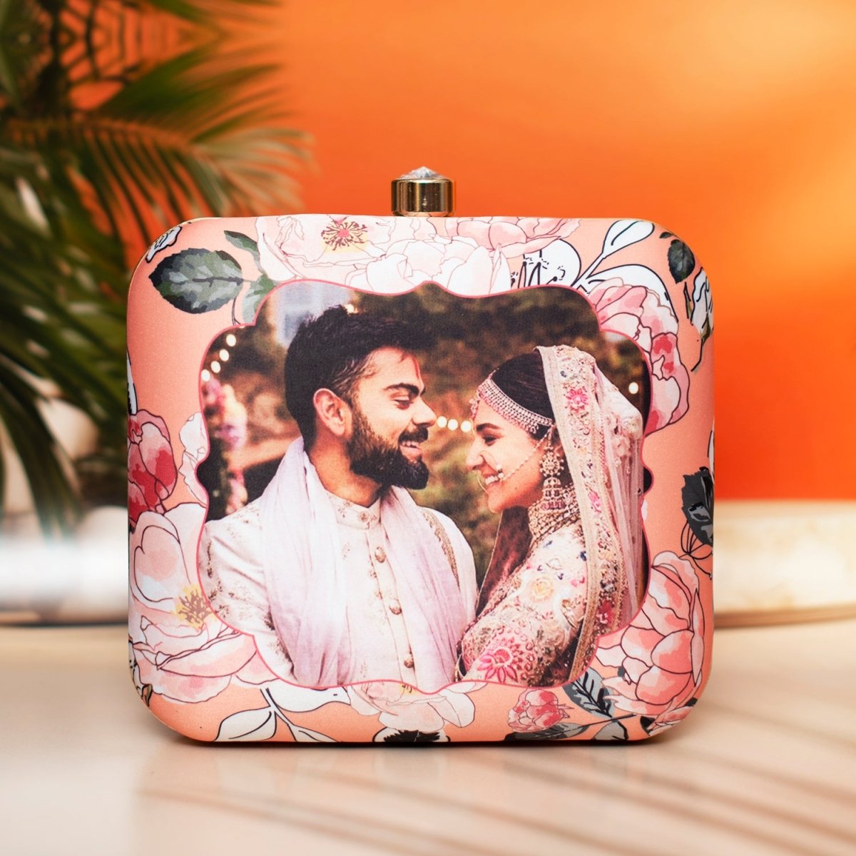 Artklim Peach Based Floral Printed Customized Clutch