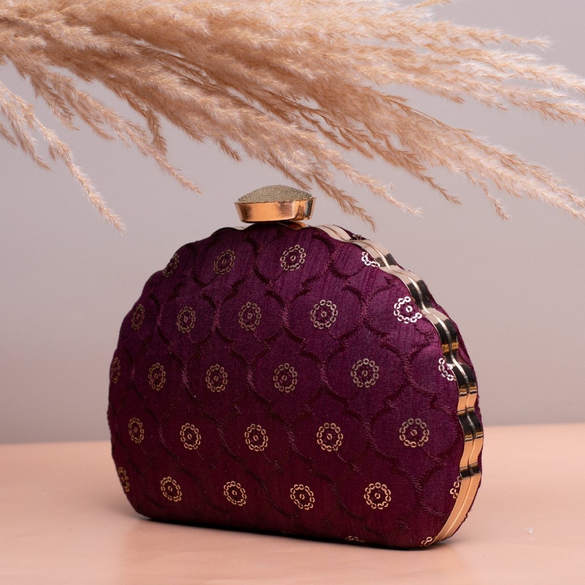 Artklim Purple Based Golden Sequins Embroidery Clutch