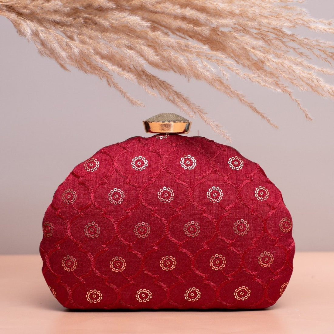 Artklim Red Based Golden Sequins Embroidery Clutch