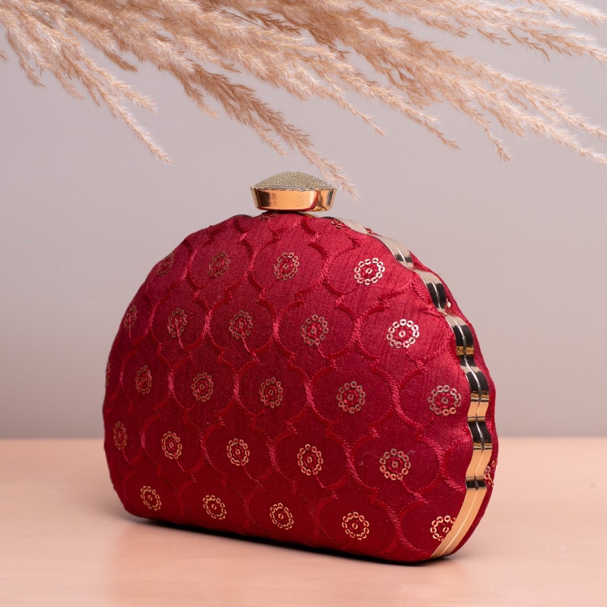 Artklim Red Based Golden Sequins Embroidery Clutch
