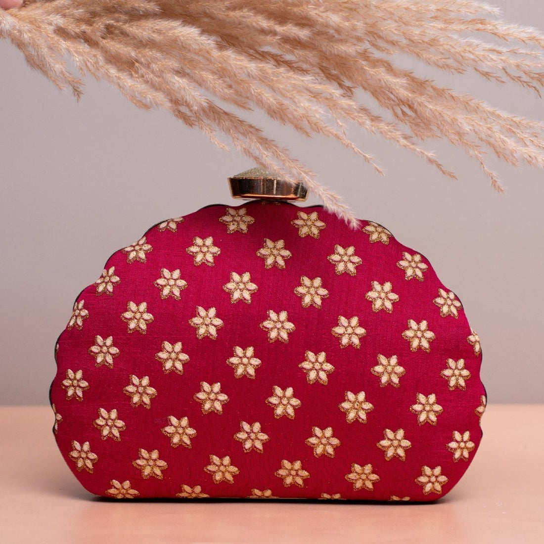 Artklim Pink Based Golden Floral Embroidery Clutch