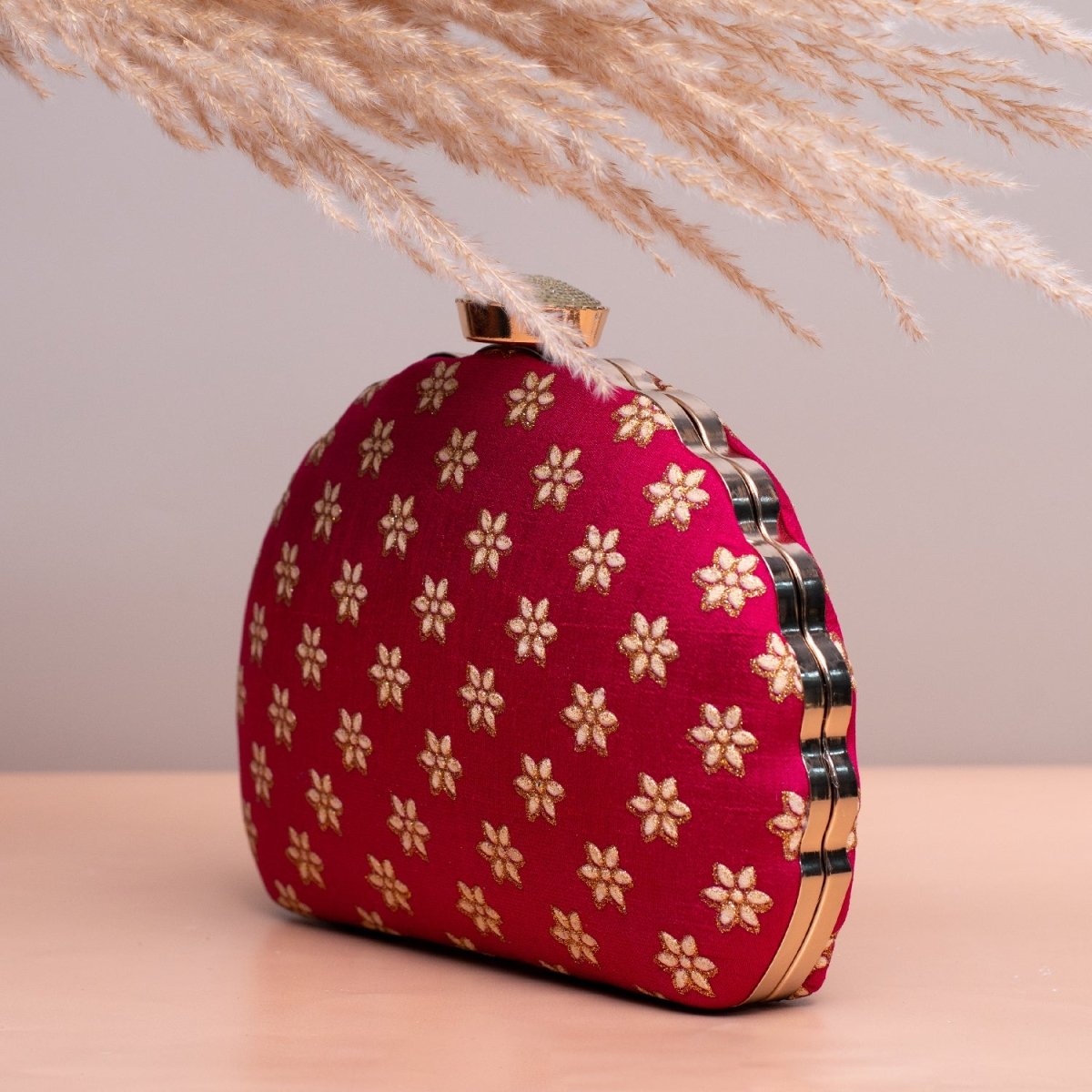 Artklim Pink Based Golden Floral Embroidery Clutch
