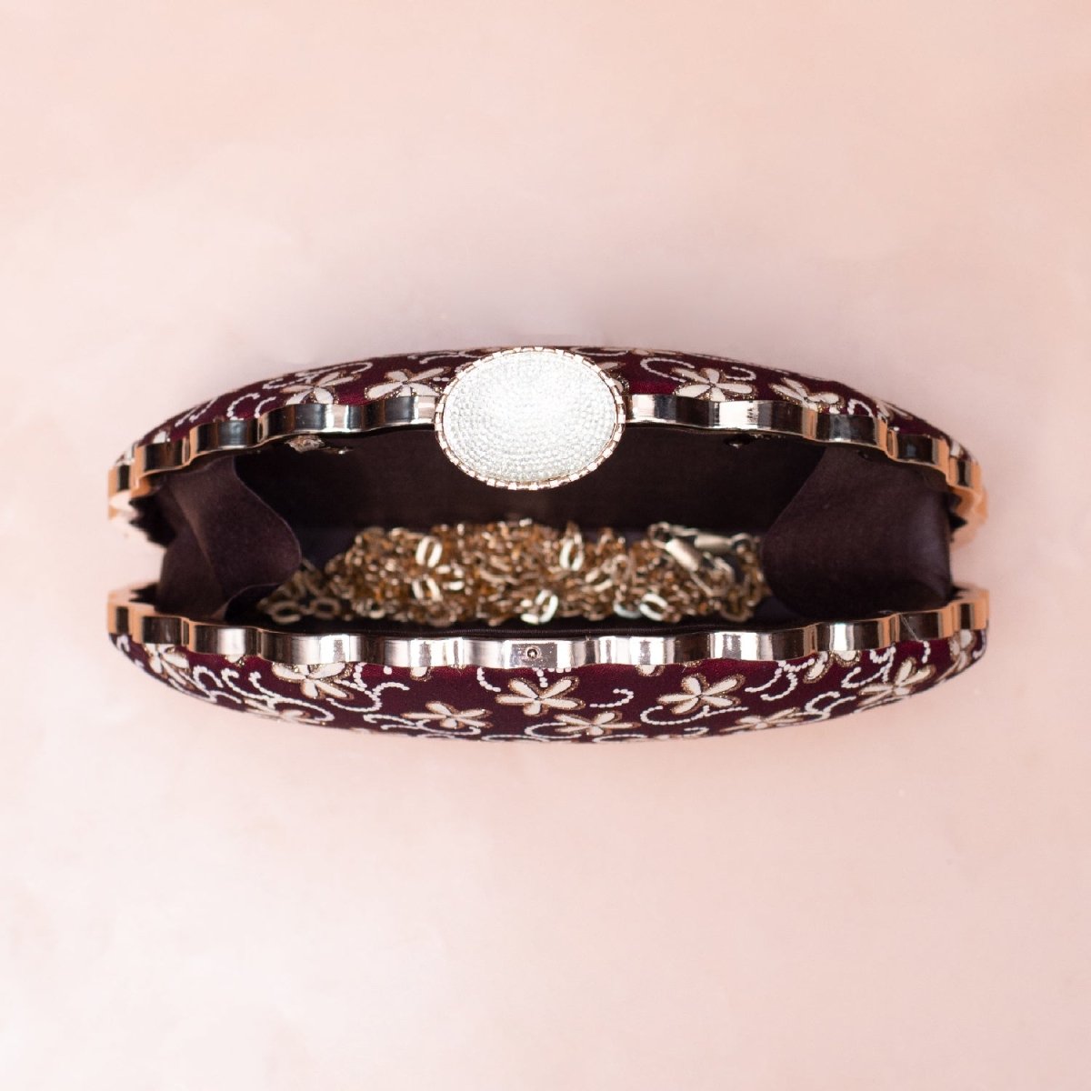 Artklim Maroon Based White Floral Embroidery Clutch