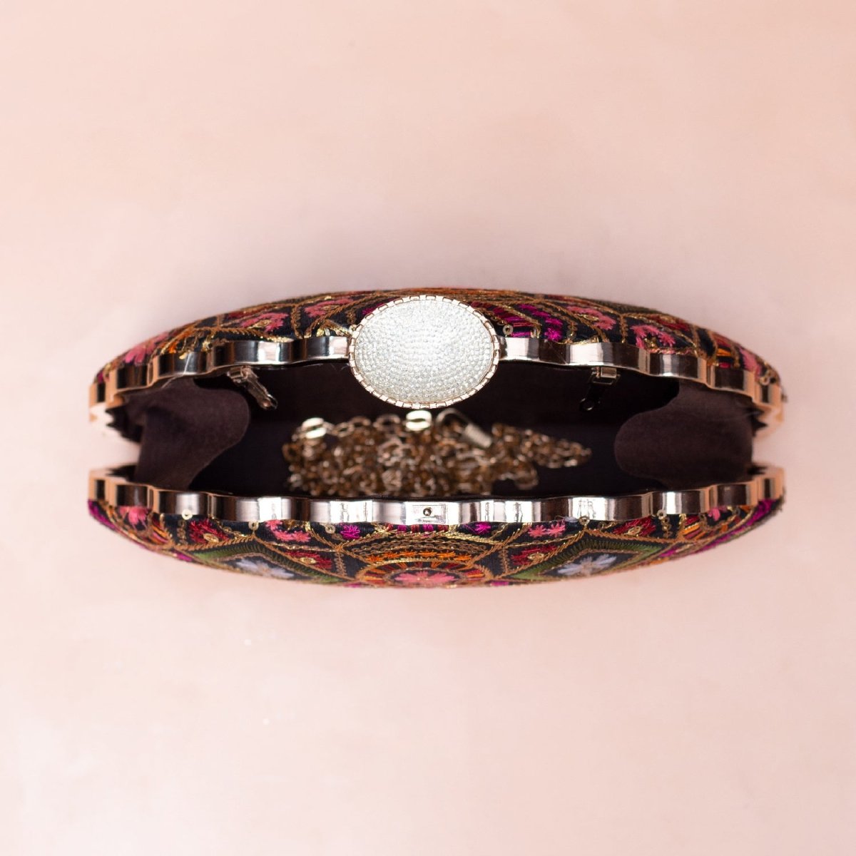 Artklim Black Based Pink Threadwork Embroidery Clutch
