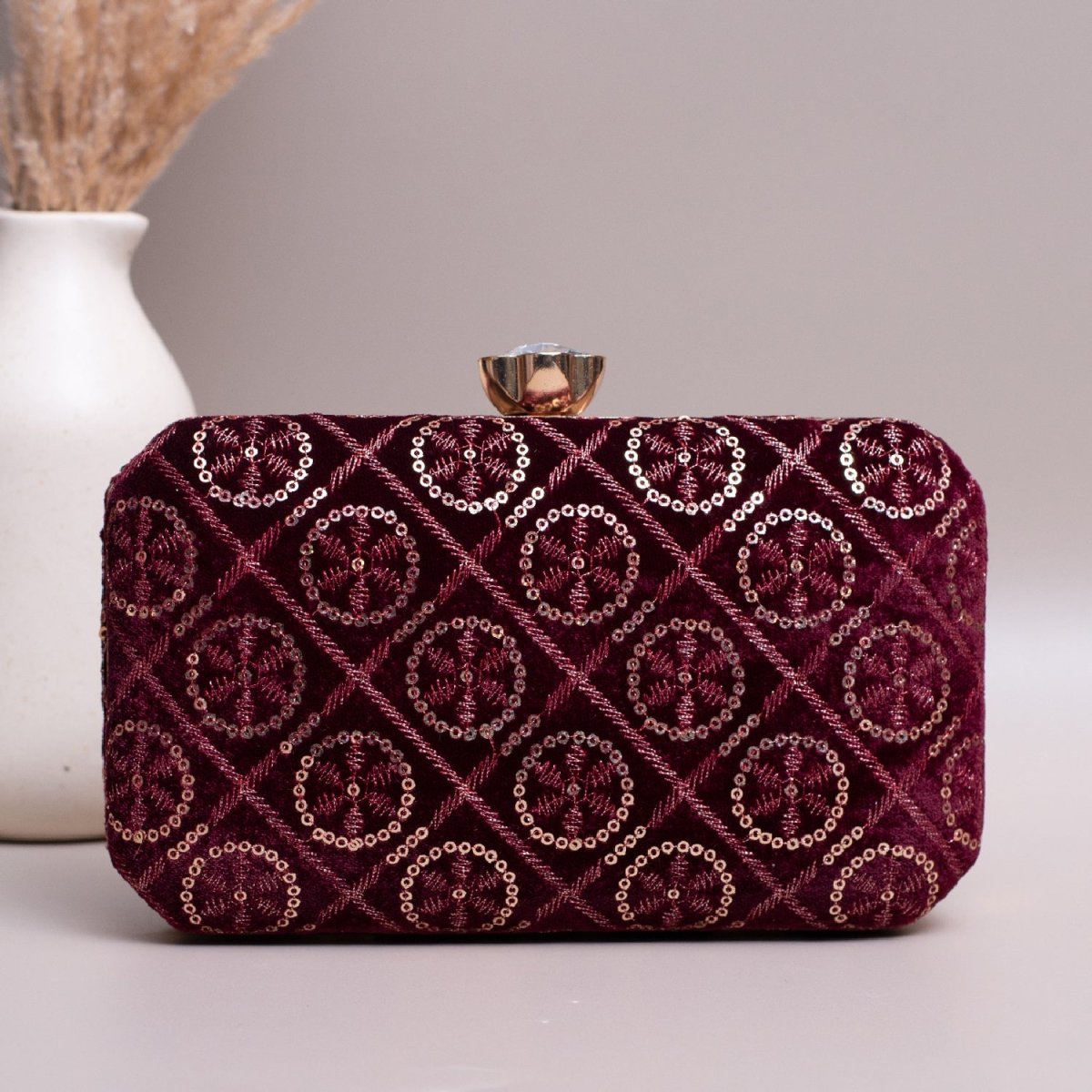 Artklim Maroon Based Silver Sequins Embroidery Clutch