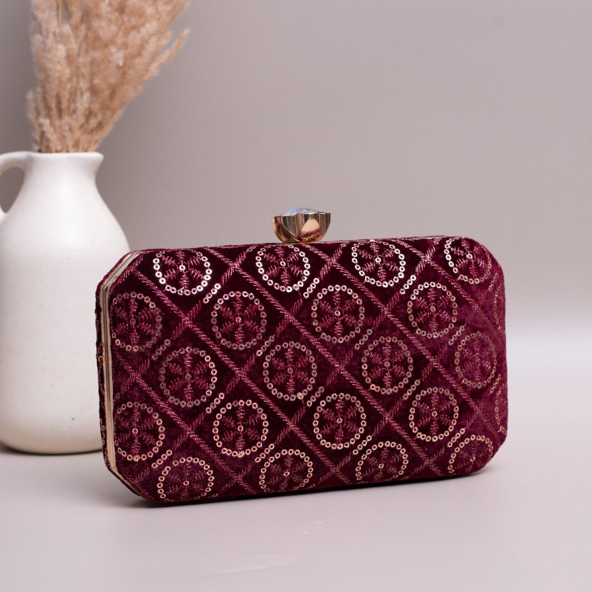 Artklim Maroon Based Silver Sequins Embroidery Clutch