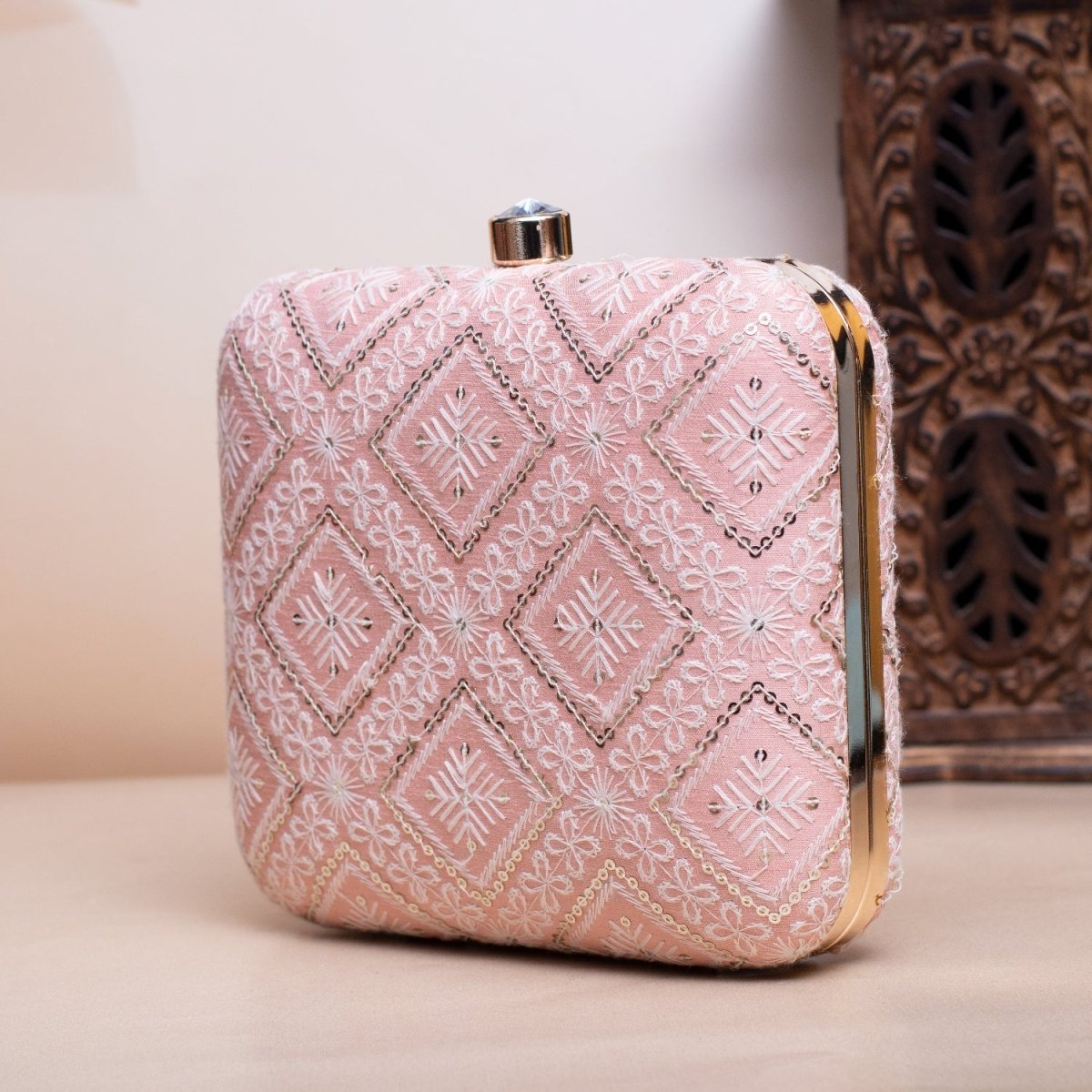 Artklim Pastel Peach Based Sequins Threadwork Embroidery Clutch