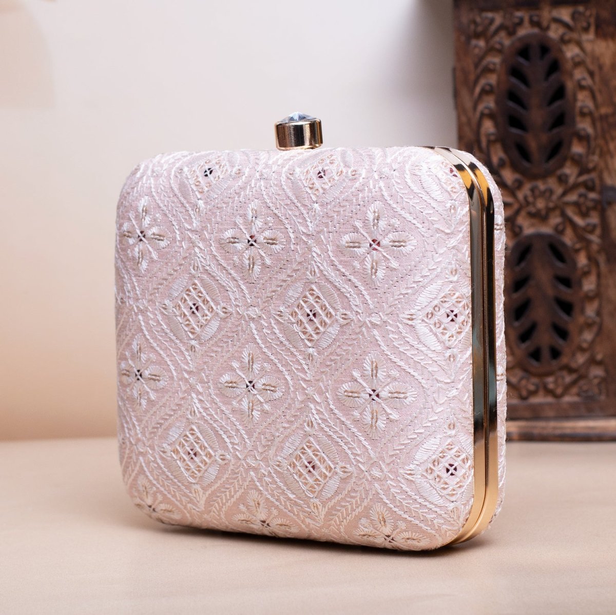 Artklim Pastel Pink Based White Threadwork Embroidery Clutch