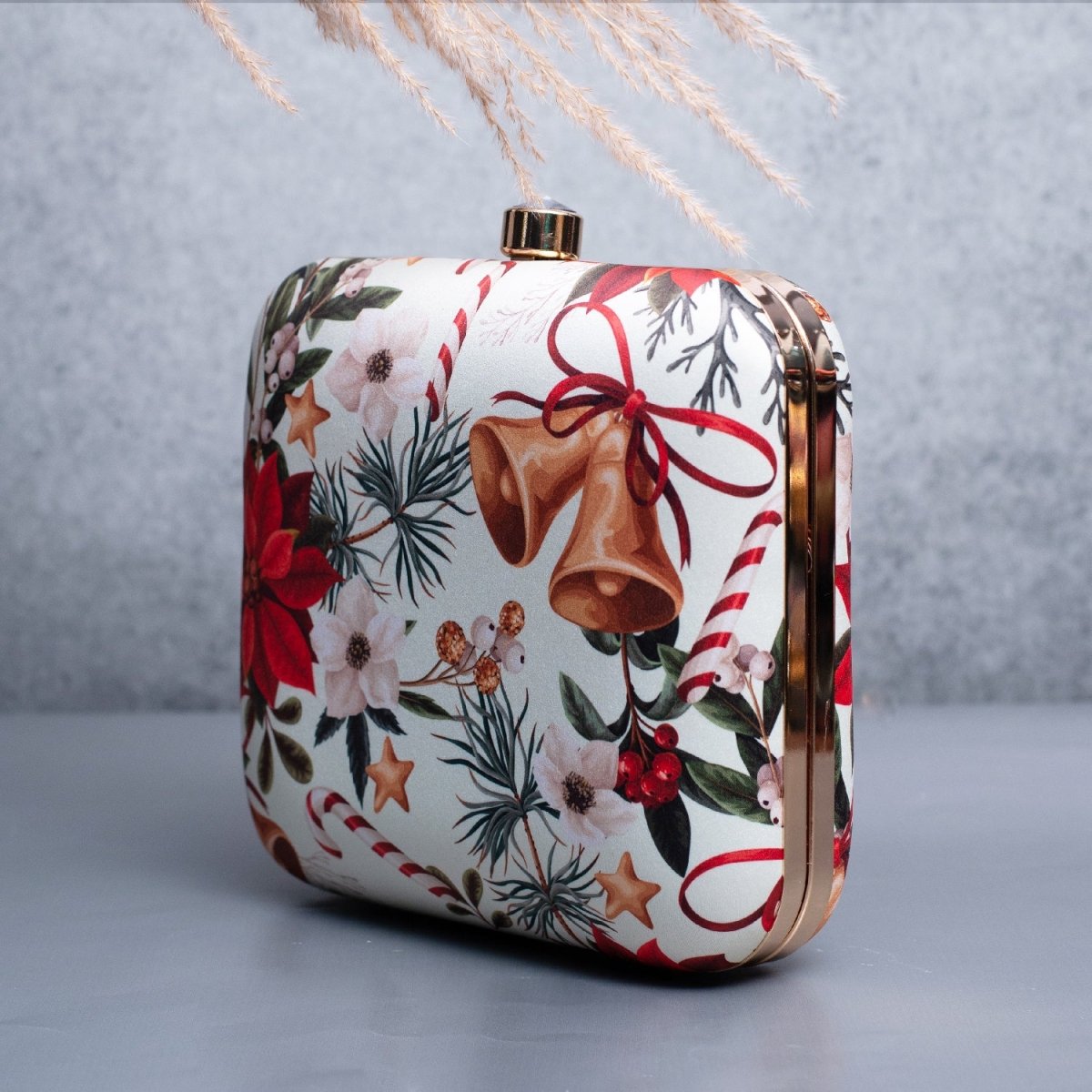 Artklim White Based Christmas Bells Printed Clutch