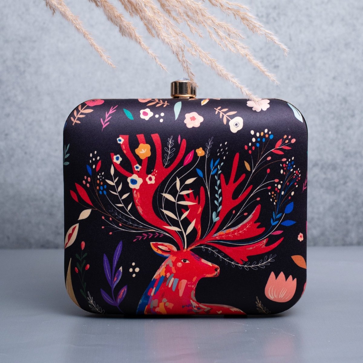 Artklim Black Based Red Reindeer Printed Clutch