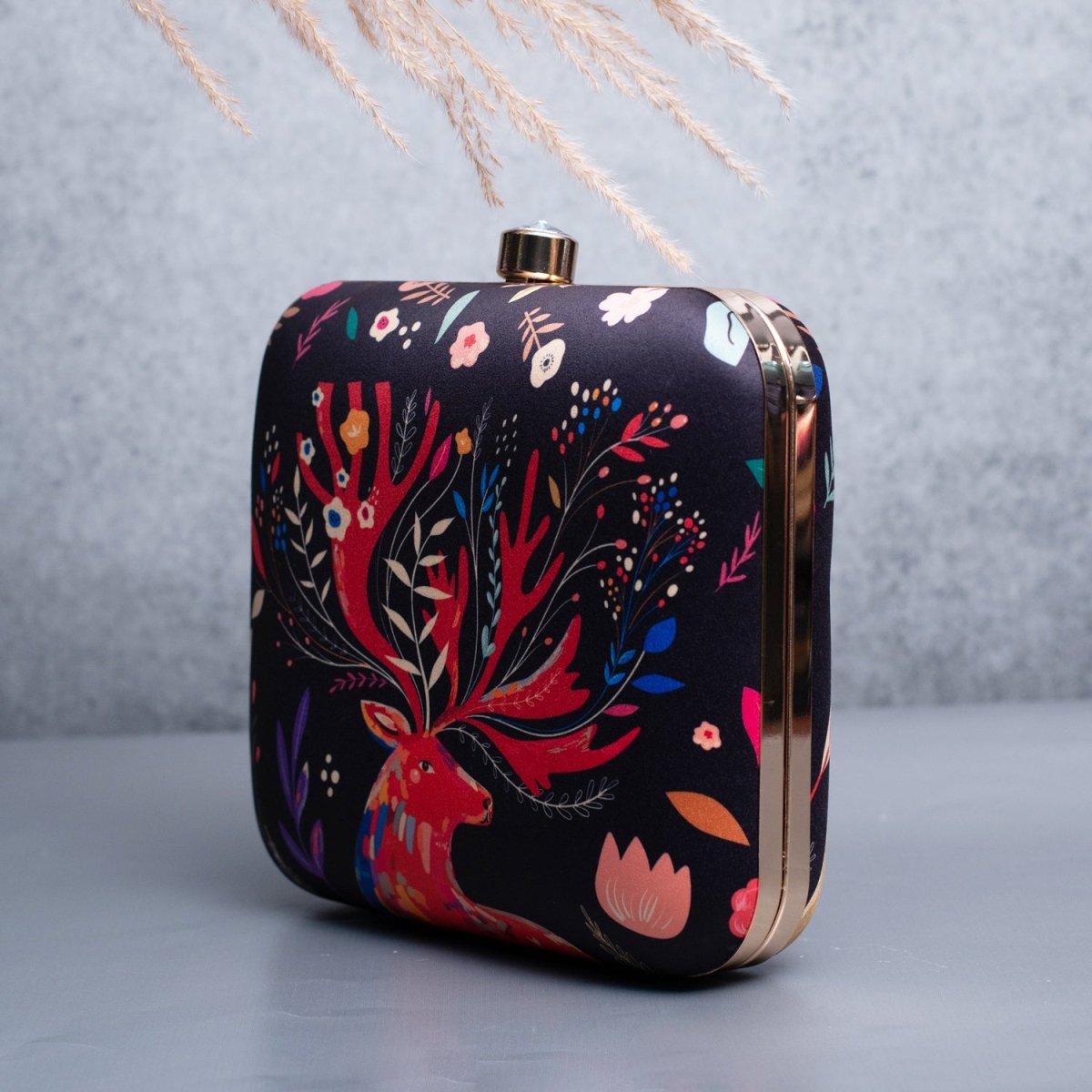 Artklim Black Based Red Reindeer Printed Clutch