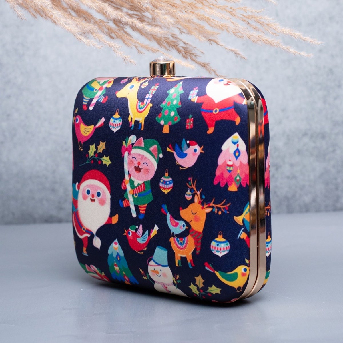 Artklim Blue Based Cute Santa Claus Printed Clutch