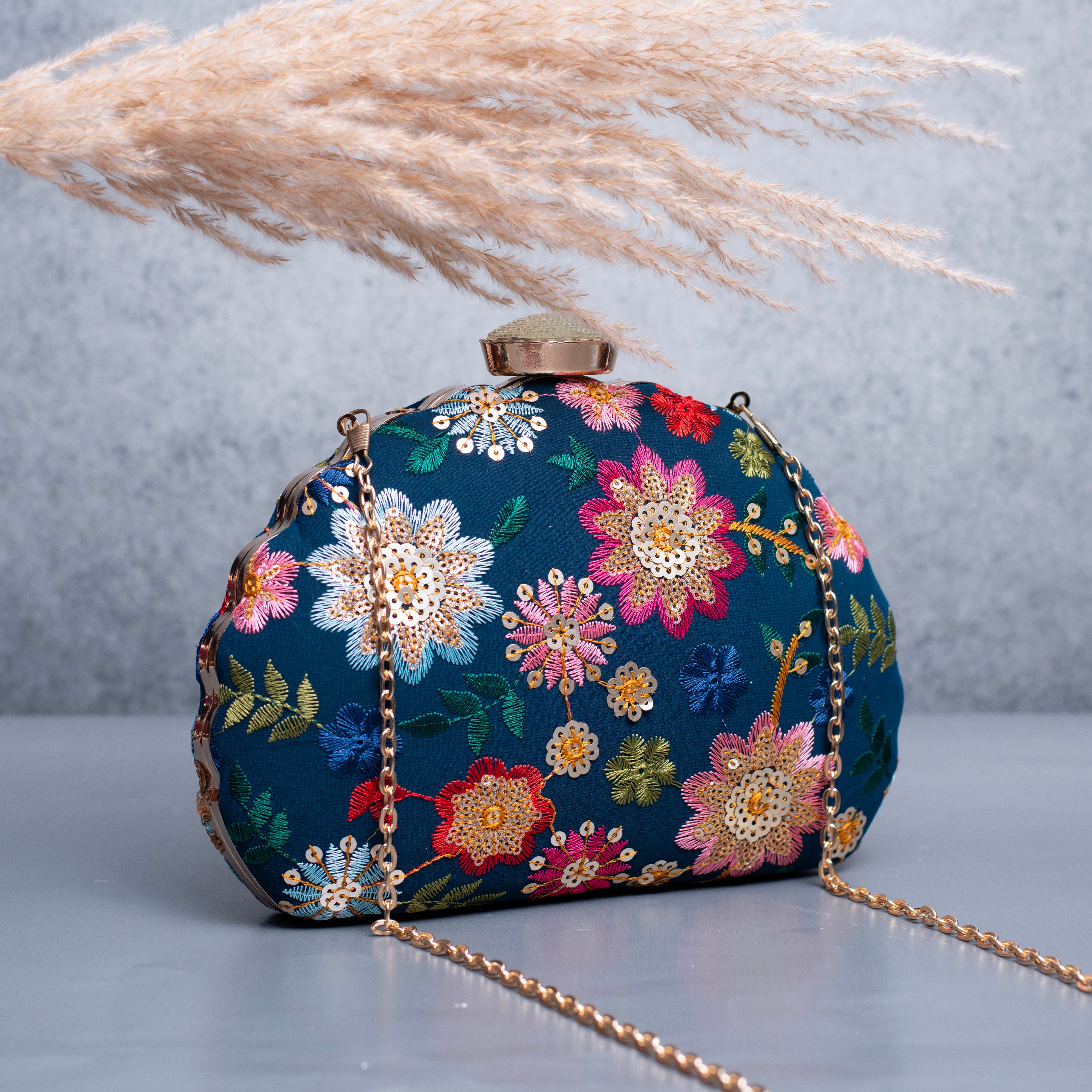 Artklim Blue Based Multicolored Floral Embroidery Clutch