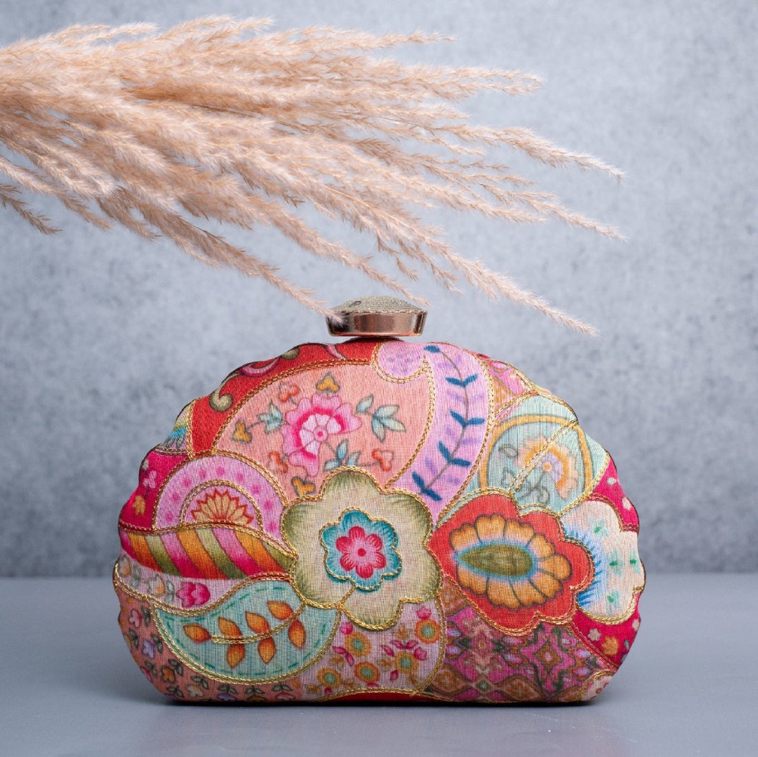 Artklim Pink Floral Printed Golden Zari Embroidery Clutch