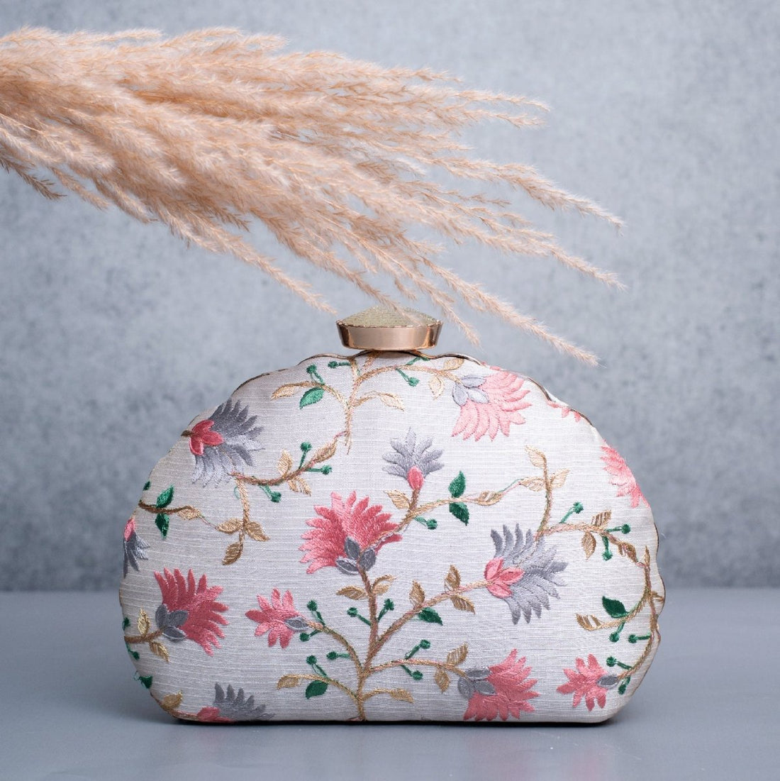 Artklim White Based Pink And Grey Threadwork Embroidery Clutch