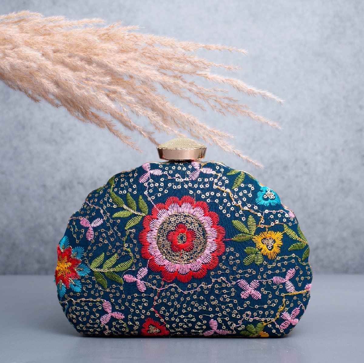 Artklim Blue Based Red And Pink Floral Embroidery Clutch