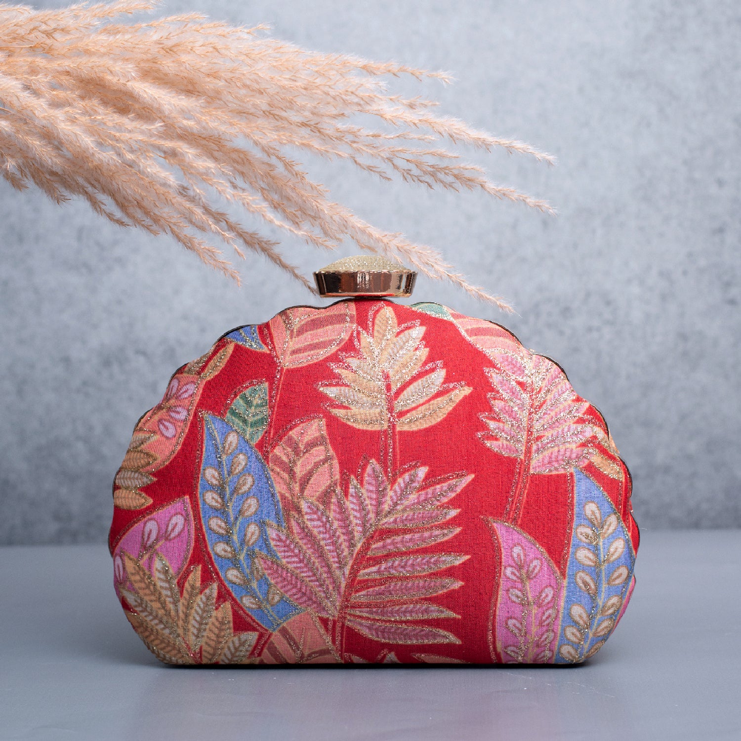 Artklim Red Based Multicolored Pattern Printed Golden Zari Embroidery Clutch