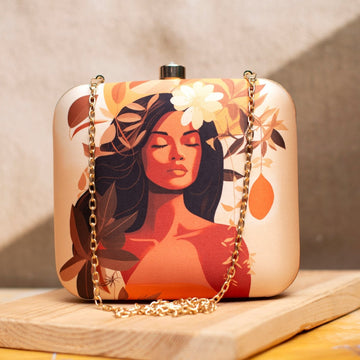 Beige Floral Women Portrait Printed Clutch